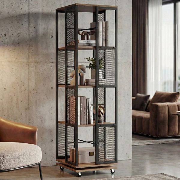 Libreria HWC-P13, Scaffale Fisso Scaffale Girevole, Rotelle Girevoli, Metallo Industriale Melamina Mvg 147X40X40Cm ~ Marrone-image