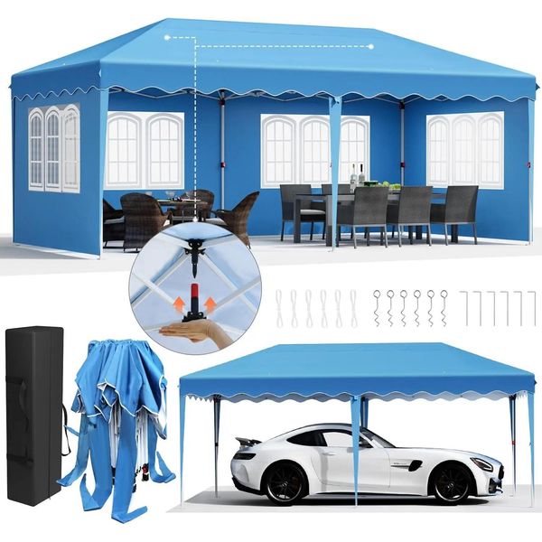 Gazebo Pieghevole 3X6 M - Gazebo Da Giardino/Tenda Per Feste - Montaggio Rapido Con Una Sola Spinta - Hdpe Impermeabile E Rivestito Inpoliuretano- Struttura In Alluminio - 4 Pareti Laterali - Blu-image