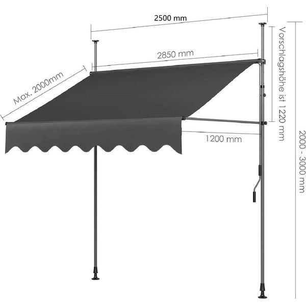 Tenda Da Sole Per Balconi E Terrazze - Estensibile Con Manovella - Montaggio A Morsetto Senza Foratura - Protezione Solare Uv 50+ - Struttura In Alluminio - 250 X 120 Cm - Grigio-image