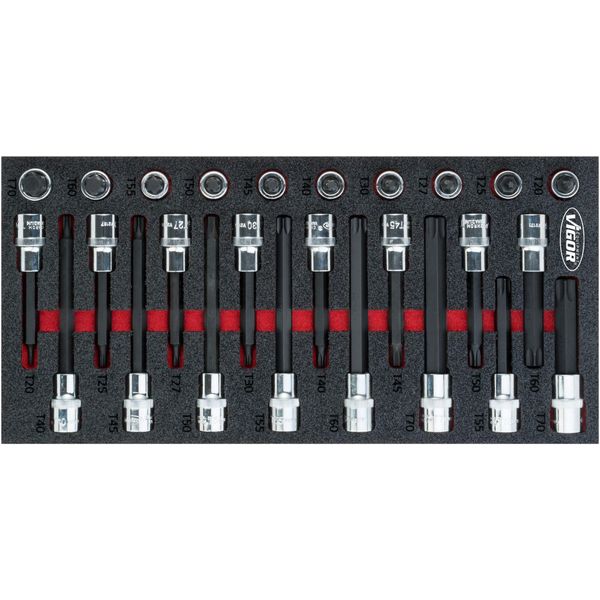 Vigor V5095 Set Di Chiavi A Bussola Bussola A T ∙Quadro Cavo Da 1/2 Pollice (12,5 Mm) ∙ Profilo A T ∙ T20 - T70 ∙ Numero Di Utensili: 26-image
