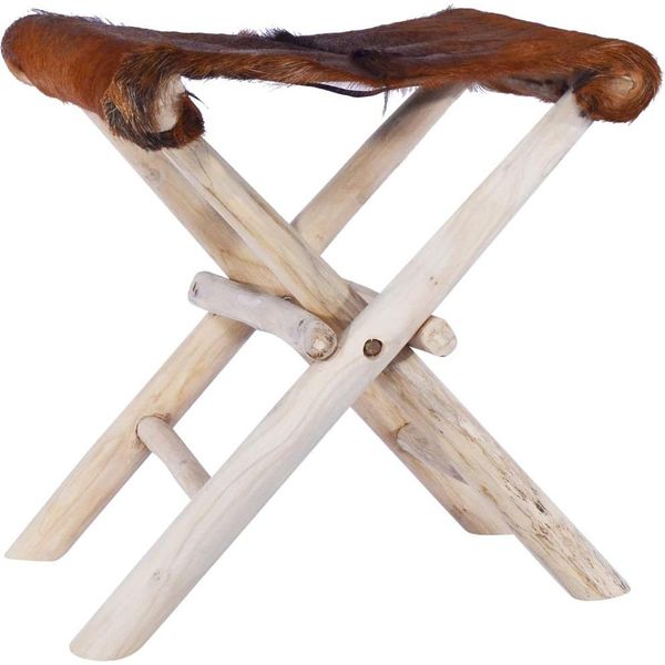 The Living Store Sgabello Pieghevole In Vera Pelle E Legno Massiccio Di Teak-image