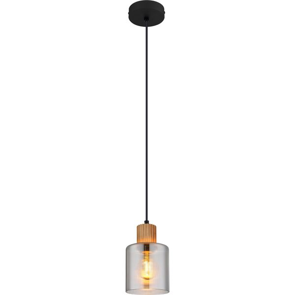 Lampada A Sospensione, Legno, Vetro Color Fumo, 1 Fiamma, H 120 Cm-image
