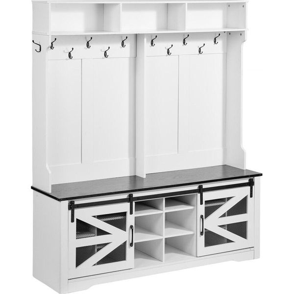 Appendiabiti Con Panca In Legno - 12 Ganci - Ingresso - Scarpiera - Stile Di Arredamento Funzionale-image