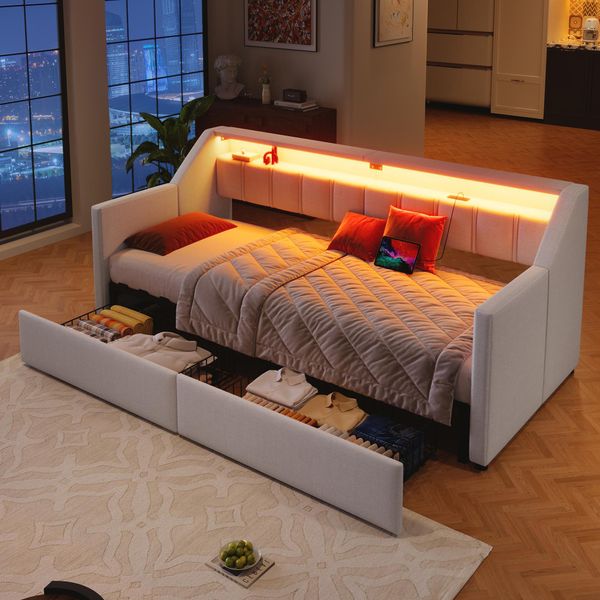 Letto Imbottito Flieks 90X200Cm Con Letto Estraibile E Cassetti, Divano Letto Daybed Con Led E Funzione Di Ricarica, Letto Singolo Daybed, Lino, Beige-image
