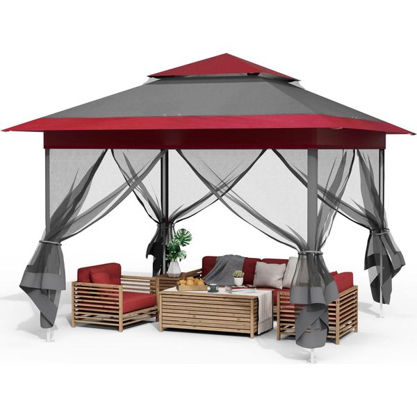Gazebo Pieghevole - Gazebo Pop-Up Da Giardino - 3,3 X 3,3 M - Oxford Impermeabile Rivestito Inpoliuretano- Struttura In Acciaio - Doppio Tetto - 4 Pareti Laterali In Zanzariera - Regolabile In Altezza - Rosso-image