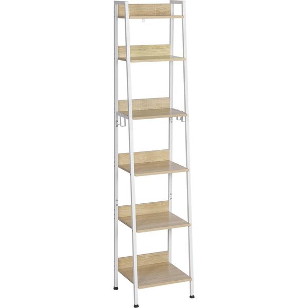 Libreria - Scaffale Portaoggetti - Dimensioni 41X187X36 Cm - 6 Livelli - Legno Mdf - Con 4 Ganci - Stile Moderno - Rovere Chiaro E Bianco-image