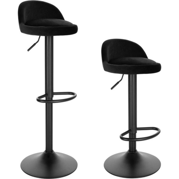 Sgabello Da Bar - Nero - Velluto - Con Schienale - Regolabile - Set Di 2 - Altezza Seduta 61-82Cm-image