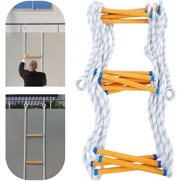 Scala Di Salvataggio - Scala Di Corda - Lunghezza 5,1 M - Larghezza 30 Cm - Portata 100/120 Kg - Con Moschettoni + Guanti - Pieghevole - Blu/Bianco/Giallo-image