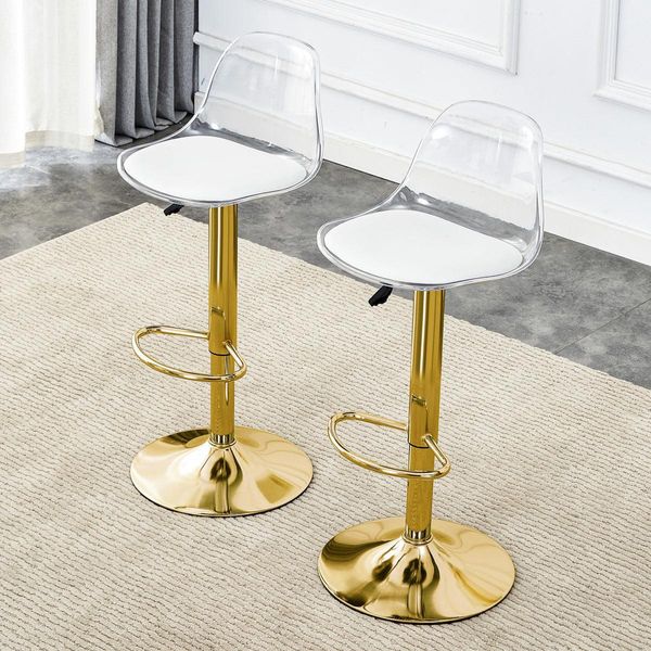 Set Di 2 Sgabelli Da Bar Oro E Trasparenti, Regolabili In Altezza Da 82 A 104 Cm, Girevoli A 360°. Sgabelli Da Bancone Con Schienale Ergonomico E Poggiapiedi.-image