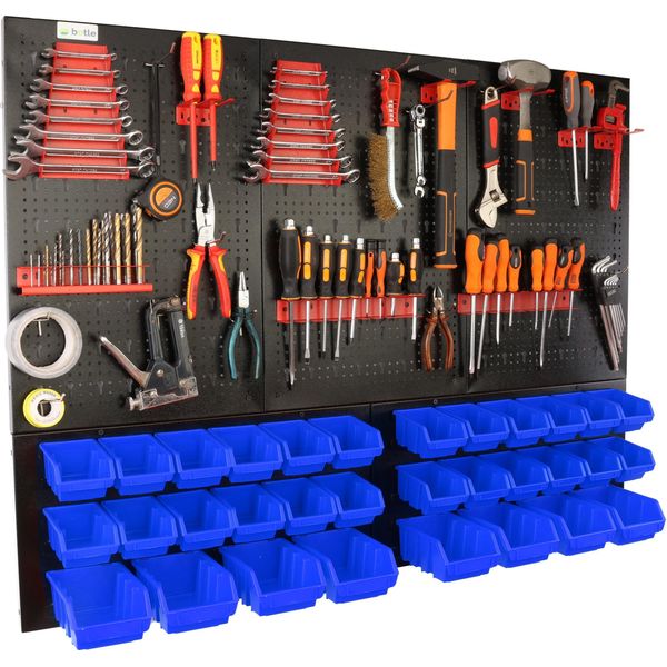 Botle® Parete Portautensili Parete Forata In Metallo, Contenitori Impilabili + Scaffale A Muro + Portautensili Set Da 59 Pezzi, Contenitore Per Minuteria, Officina A Muro Con 32 Contenitori Blu Impilabili, Scaffale Sospeso Scaffale Di Smistamento-image