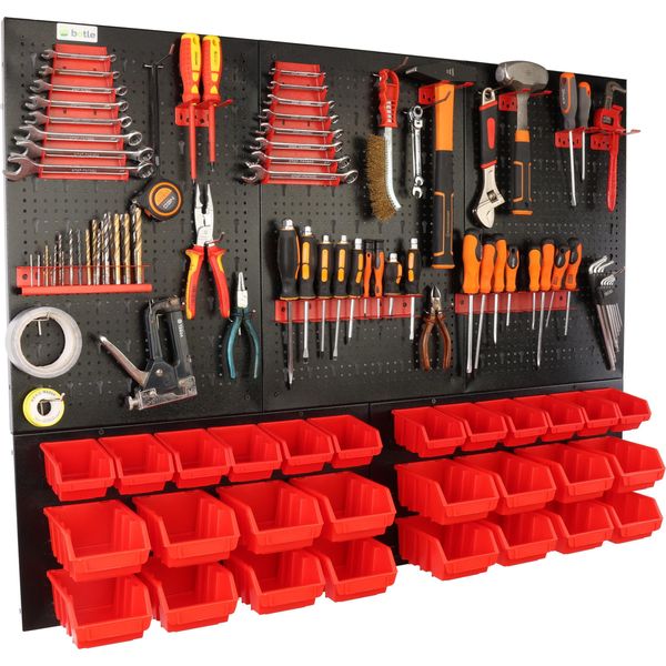 Botle® Parete Portautensili Parete Forata In Metallo, Contenitori Impilabili + Scaffale A Muro + Portautensili Set Da 55 Pezzi, Contenitore Per Minuteria, Officina A Muro Con 28 Contenitori Impilabili Rossi, Scaffale Sospeso Scaffale Divisorio-image