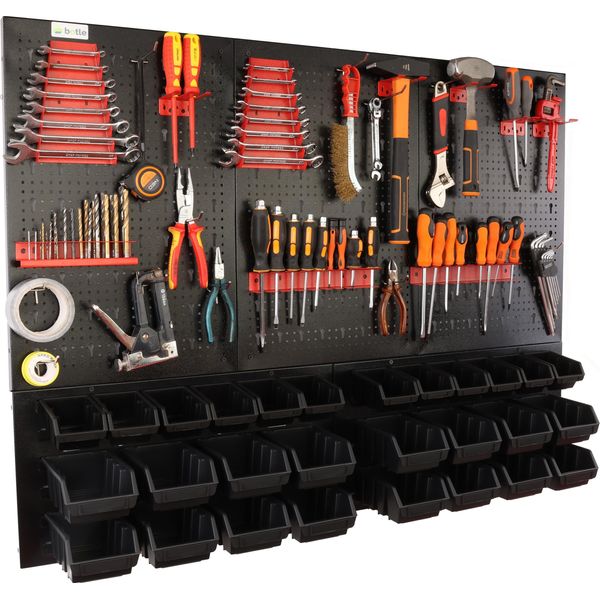 Botle® Parete Portautensili Parete Forata In Metallo, Contenitori Impilabili + Scaffale A Muro + Portautensili Set Da 55 Pezzi, Contenitore Per Minuteria, Officina A Muro Con 28 Contenitori Neri Impilabili, Scaffale Sospeso Scaffale Divisorio-image