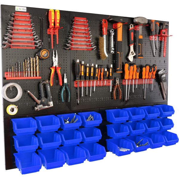 Botle® Parete Portautensili Parete Forata In Metallo, Contenitori Impilabili + Scaffale A Muro + Portautensili Set Da 51 Pezzi, Contenitore Per Minuteria, Officina A Muro Con 24 Contenitori Impilabili Blu In 2 Misure, Scaffale Sospeso Scaffale Divisorio-image