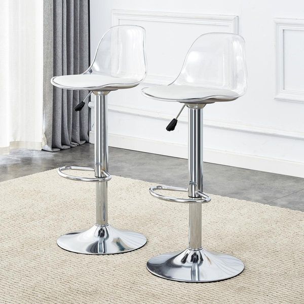 Set Di 2 Sgabelli Da Bar Regolabili In Altezza Da 82 A 104 Cm, Girevoli A 360°. Moderni Sgabelli Da Bancone Con Schienale Trasparente E Gambe In Metallo Argentato, Bianco.-image