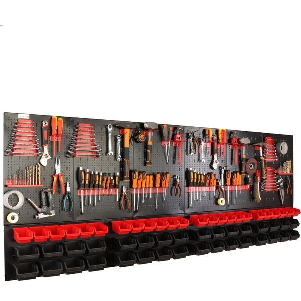 Botle® Parete Portautensili Parete Forata In Metallo, Contenitori Impilabili + Scaffale A Muro + Portautensili Set Da 110 Pezzi, Contenitori Per Minuteria, Officina A Muro Con 56 Contenitori Impilabili Rossi E Neri, Scaffale Sospeso Scaffale Divisorio-image