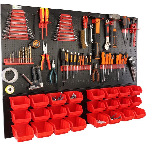 Botle® Parete Portautensili Parete Forata In Metallo, Contenitori Impilabili + Scaffale A Muro + Portautensili Set Da 51 Pezzi, Contenitore Per Minuteria, Officina A Muro Con 24 Contenitori Impilabili Rossi In 2 Misure, Scaffale Sospeso Scaffale Di Smistamento-image