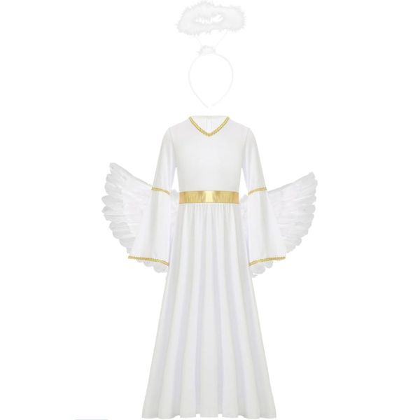 Costume Da Angelo Per Bambina Taglia 152 Cm – Abito Da Angelo Natalizio Con Ali E Aureola Per Halloween, Carnevale E Feste Di Fine Anno-image