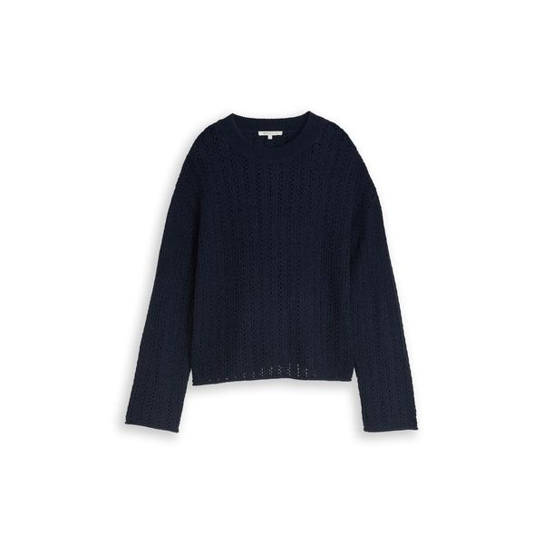 Tom Tailor Denim Damen Relaxed Fit Strickpullover Mit Lochmuster, Blau, Uni, Gr. XL-image