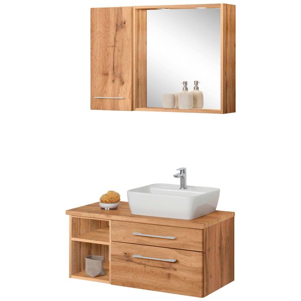 BadmöBel-Set Welltime "Davos", Braun (Eichefarben), Becken Rechts, KastenmöBel-Sets, BadmöBel-Set, Waschplatz, HäNgeschrank Und Bad-Spiegel-image