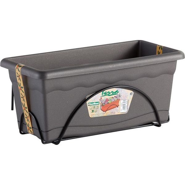 Fioriera Con Sottovaso Integrato 50X20Cm + Supporto In Metallo. Colore Antracite.-image