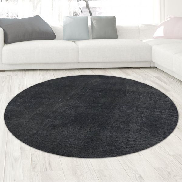 Tappeto Shaggy A Pelo Alto Lavabile Antiscivolo Grigio Antracite Dimensioni - 160 Cm Rotondo-image
