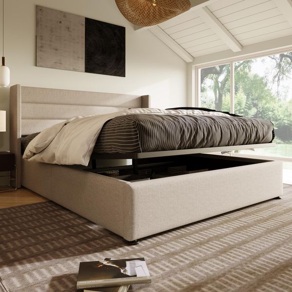 Letto A Molle Sweiko Letto Matrimoniale Letto Imbottito Con Rete A Doghe In Legno Letto Contenitore Lino Beige 160*200Cm (Senza Materasso)-image