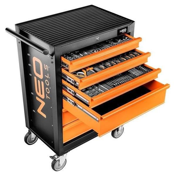 Neo Tools Carrello Da Officina Riempito Con 149 Utensili | 6 Scomparti - Cassetti Con Cuscinetti A Sfera - Chiusura Centralizzata - Tappetino Antiscivolo-image
