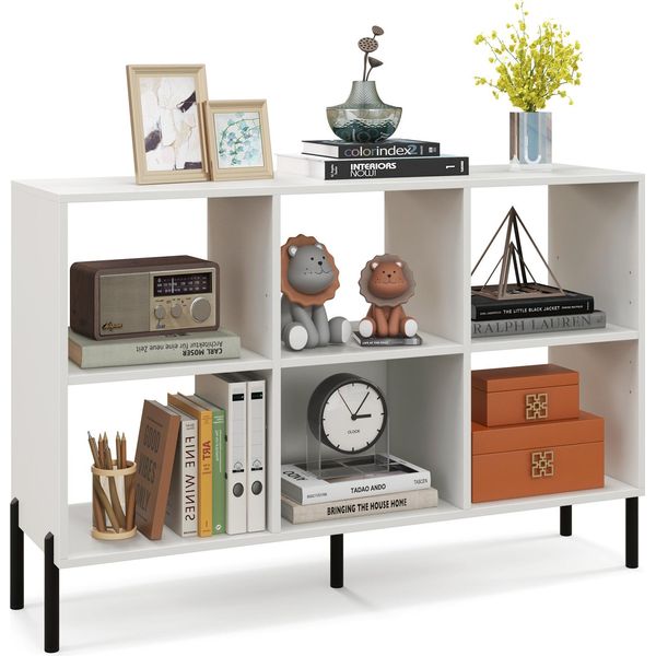 Costway Libreria A 6 Scomparti, Scaffale Verticale Con Gambe Metalliche Rialzate E Ripiani Regolabili, Scaffale A Cubo, Scaffale Portaoggetti 120X35X79,5 Cm Bianco-image