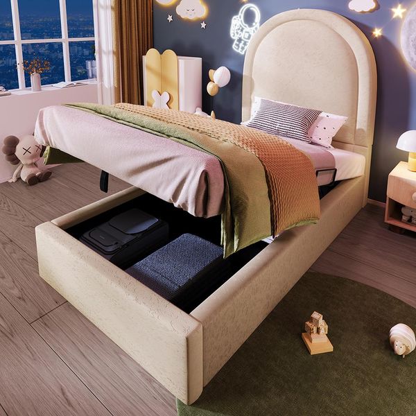 Letto Imbottito Sweiko Per Bambini, Letto Singolo Con Motivo Cosmico, 90 X 190 Cm, Beige,Poliuretanoper Bambini E Bambine (Senza Materasso)-image