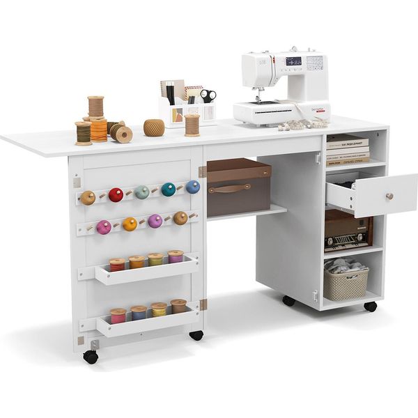 Armadio Da Cucito Costway, Tavolo Pieghevole Per Macchina Da Cucire Con Ripiani, Scomparti E Ganci, Stazione Multifunzionale Per Lavori Manuali, Bianco-image