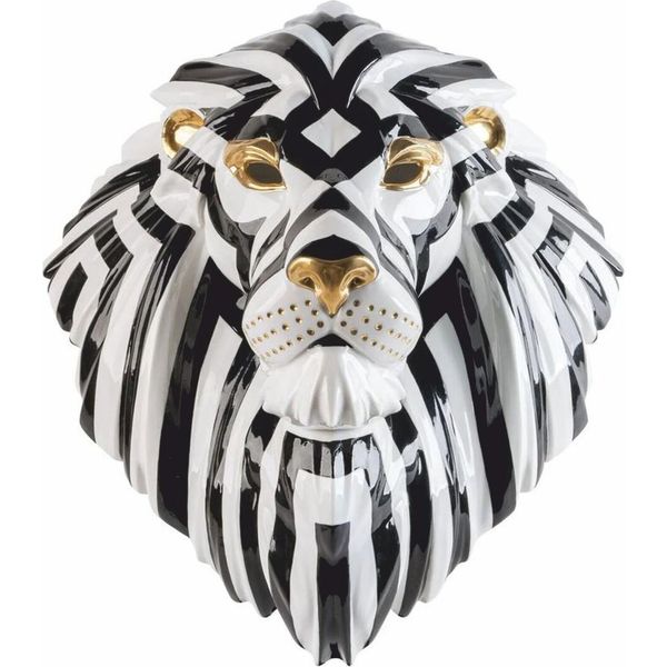 Casa Padrino Luxury Porcelain Decorative Mask Lion White / Black / Gold 38 X 30 X H. 60 Cm-image