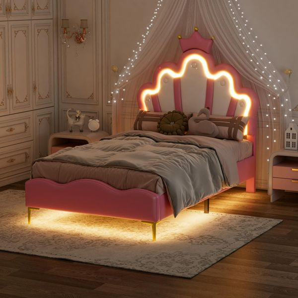 Letto Imbottito 90X200Cm Con Rete A Doghe, Letto Per Ragazzi Letto Per Bambini Con Led, Letto Singolo Con Cornice, Letto In Legno Classico, Pu, Rosa-image