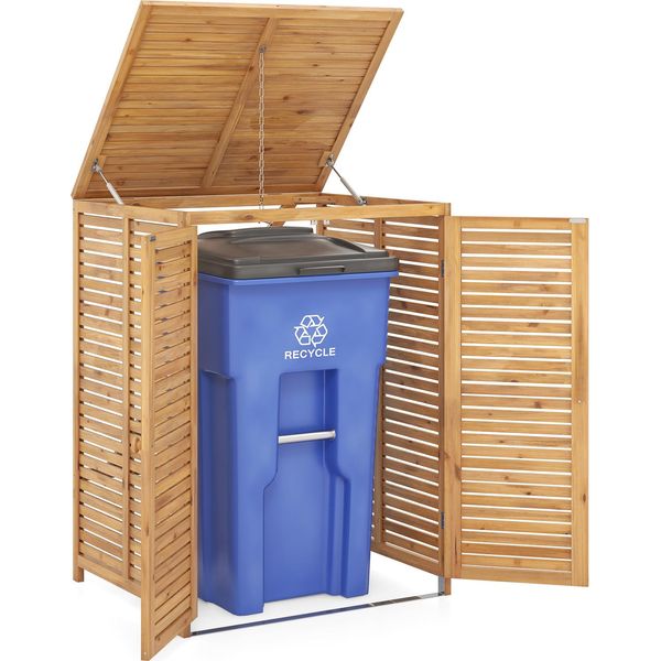 Costway Casetta In Legno Per Pattumiera Da 120L, Coperchio Per Pattumiera, Protezione Per Pattumiera Con Porta E Coperchio, Contenitore Naturale Resistente Alle Intemperie-image