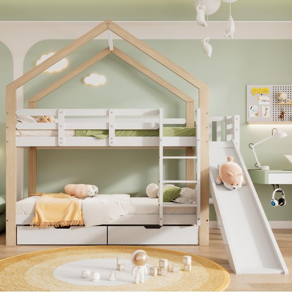 Letto A Castello Flieks Con Protezione Anticaduta, Letto Per Bambini Con Scivolo E Scaletta, Letto A Soppalco Con 2 Cassetti, Letto Casa In Legno Massiccio Letto A Castello 90X200Cm, Bianco-image