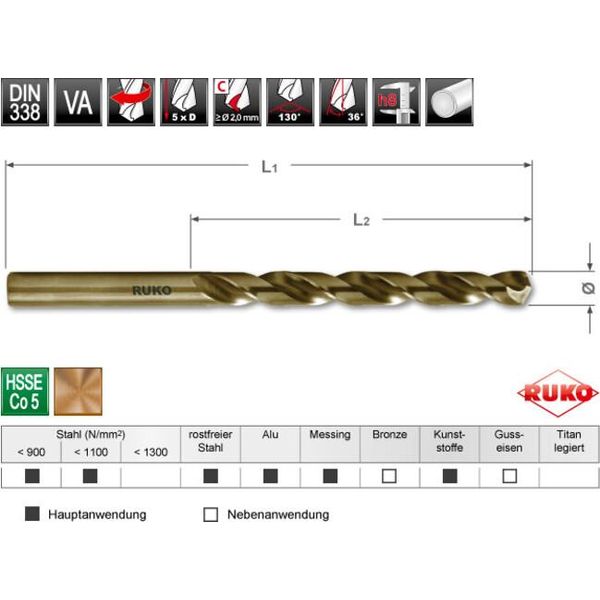 Punte Elicoidali Ruko Din 338 Tipo Va Hsse Co 5 In Presa Sb Ø 13,0 X 151 X 101 Mm-image