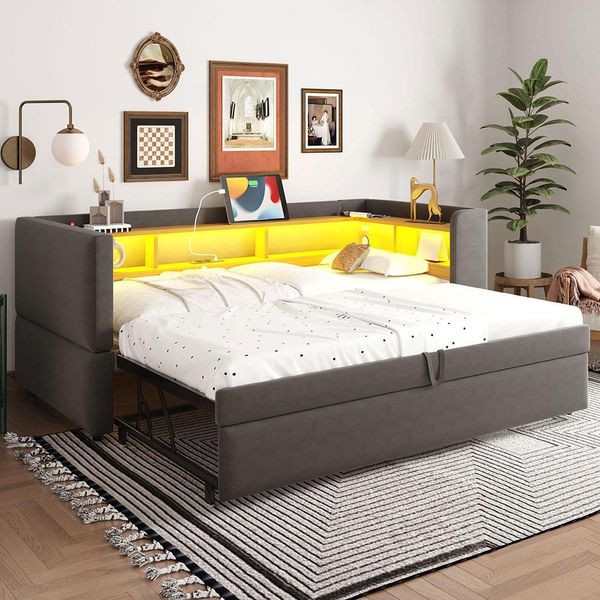 Divano Letto Imbottito Sweiko 90/180*190Cm, Dotato Di Luci Led, Prese E Numerosi Vani Portaoggetti, Letto Imbottito, Divano Letto Multifunzionale, Letto Singolo, Grigio Scuro.-image