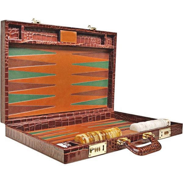 Casa Padrino: Cartella In Vera Pelle Per Backgammon Marrone Effetto Coccodrillo - Accessori-image