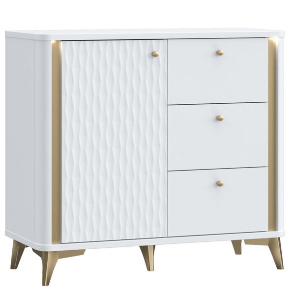 Casa Dolce Cassettiera White Hill 221, Bianco E Oro, 96X41,5X87 Cm, Angoli Arrotondati, 3 Cassetti, 1 Armadio-image