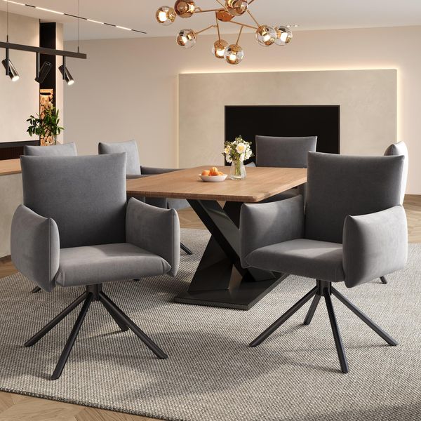 Sedie Da Pranzo Flieks (6 Pezzi), Poltrona Girevole A 360°, Sedia Imbottita In Velluto, Sedia Da Pranzo Con 4 Gambe In Metallo, Materiale Traspirante, Grigio-image