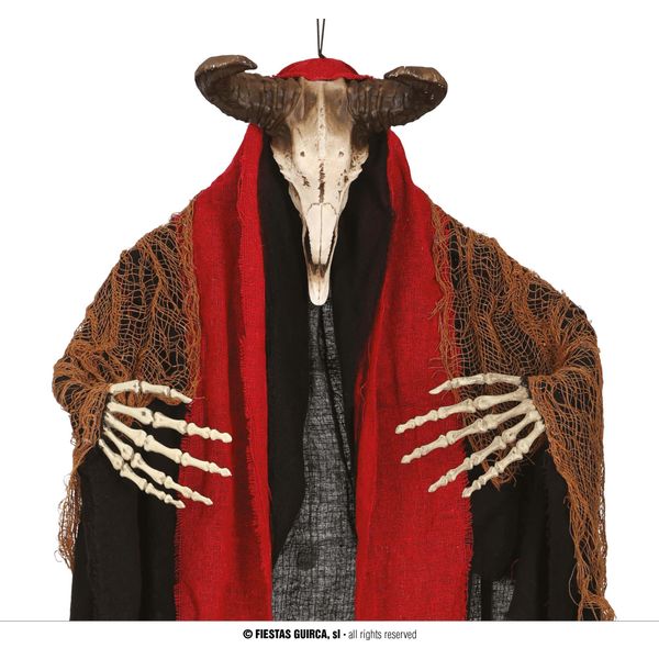 Voodoo Ram Scheletro Decorazione Halloween Appeso Figura Spaventoso Teschio Scultura Fantasmi Panno Rosso Misterioso Eerie Unico Decor Design Artistico, Colore: Nero-image