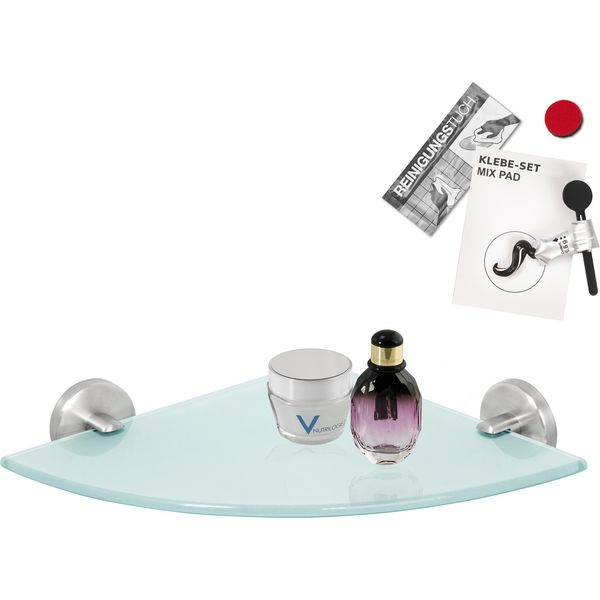 Bremermann Serie Bagno Piazza - Mensola Angolare In Vetro Incl. Set Di Adesivi, Mensola In Vetro, Mensola Da Bagno In Vetro E Acciaio Inox, Opaca-image