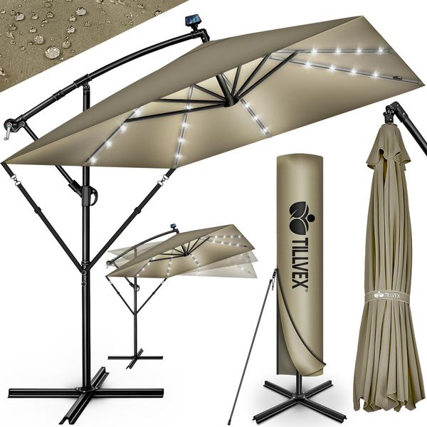 Tillvex® Ombrellone In Alluminio Rettangolare Ø 330 Cm Con Led Solare Marrone + Copertura Con Manovella | Ombrellone A Sbalzo Con Supporto E Frangivento | Ombrellone Da Giardino Protezione Uv, Impermeabile, Ruotabile A 360° | Ombrellone A Manovella Da Mercato-image