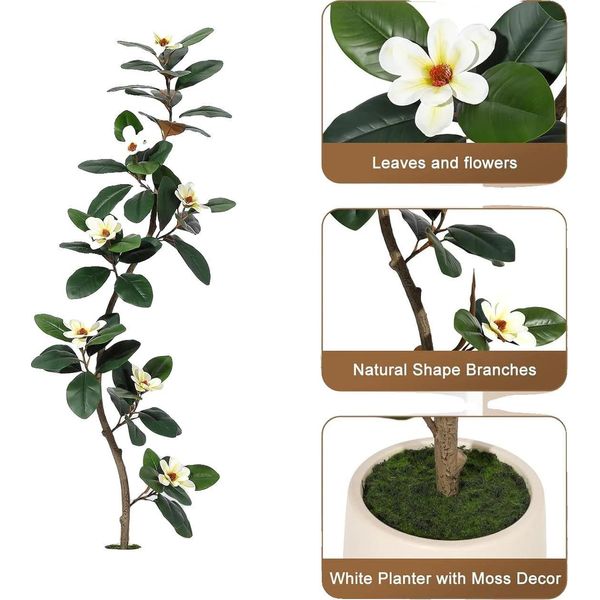 Albero Di Fiori Artificiali, Fiori Di Magnolia Realistici, Vaso Decorativo Incluso, 180Cm-image