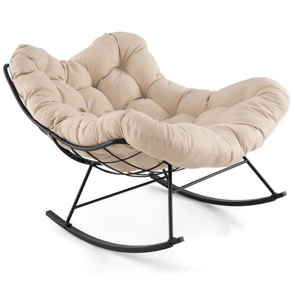 Sedia A Dondolo Costway, Sedia A Dondolo Con Cuscino Imbottito, Sedia Da Giardino Con Portata 205 Kg E Funzione Dondolo, Reclinabile Beige-image