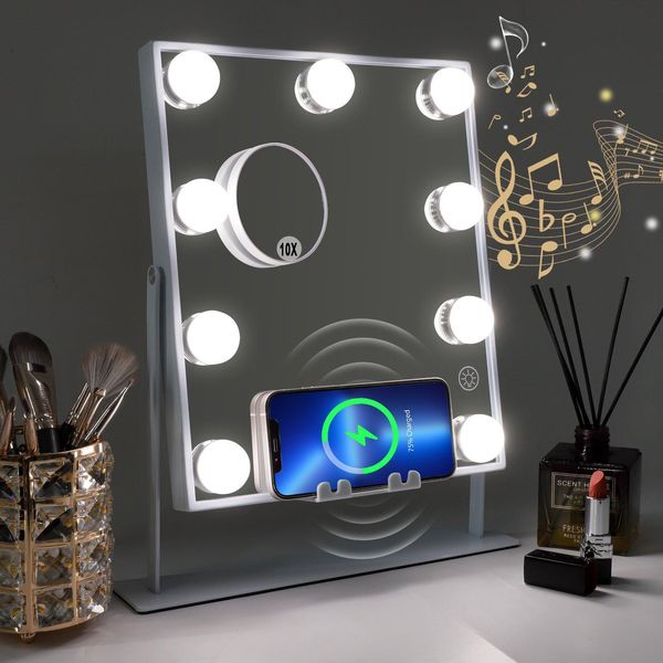 Vanitii Specchio Per Il Trucco Con Illuminazione 25 X 30 Cm Illuminazione A Led 9 Luci Dimmer 3 Modalità Di Colore Specchio Per Il Trucco Bluetooth Ruotabile A 360° Per La Toletta-image