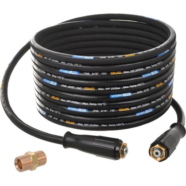 Tubo Flessibile Per Alta Pressione Con Treccia In Acciaio Premium, Resistente Al Calore, 15 Metri, DN8 Con Connettori M22-M22 + Adattatore Di Prolunga M22 (Versione: Tipo K) Per Idropulitrici Krcher E Kranzle-image