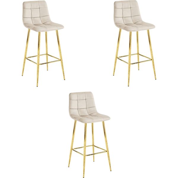 Set Di 3 Sgabelli Valora Arceto - Velluto Beige E Gambe Dorate | Trio Di Sedute Moderne Ed Eleganti-image