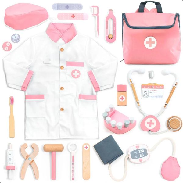 Umu® Valigetta Del Medico Per Bambini In Legno 20 Pezzi - Camice Medico, Stetoscopio, Accessori Dentali, Per Bambini Da 2, 3, 4 E 5 Anni - Rosa-image
