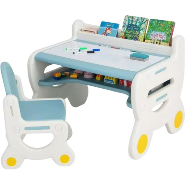 Tavolo Moderno Per Bambini – Tavolo Attività Con 2 Sedie – Tavolo Da Gioco E Studio – Regolabile In Altezza – Scrivania Per Bambini – Blu/Bianco-image