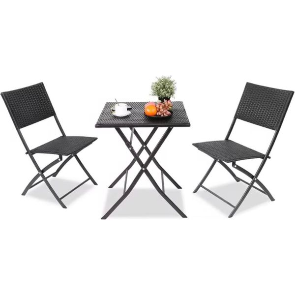 Set Da Esterno Con Tavolo Pieghevole, 3 Pezzi – Set Da Balcone E Bistrot – 2 Sedie Pieghevoli E Tavolo – Rattan Pe E Telaio In Acciaio – Per Giardino, Balcone E Campeggio – Nero-image